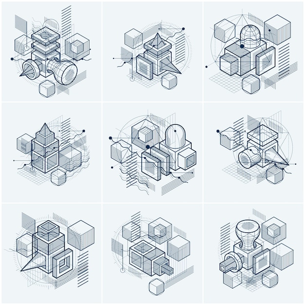 Abstract vector backgrounds with isometric lines and shapes. Cubes, hexagons, squares, rectangles and different abstract elements. Vector collection.