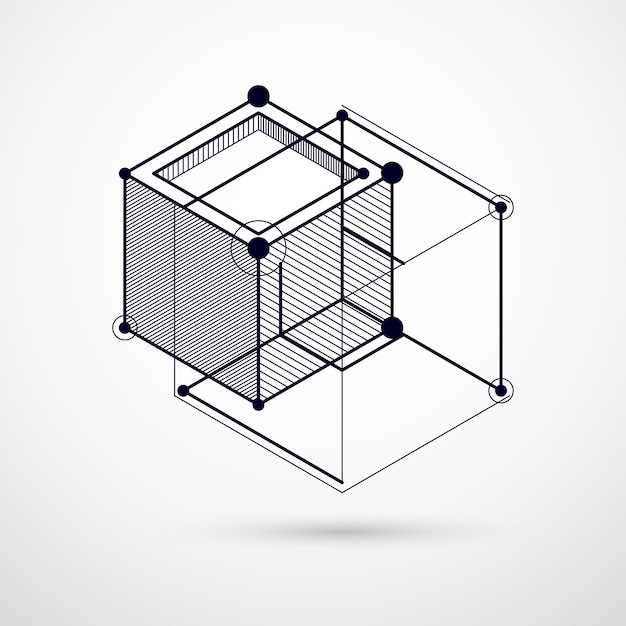 Abstract vector composition with simple geometric figures, symbols, art black and white background. Technical plan, abstract engineering draft for use in graphic and web design.