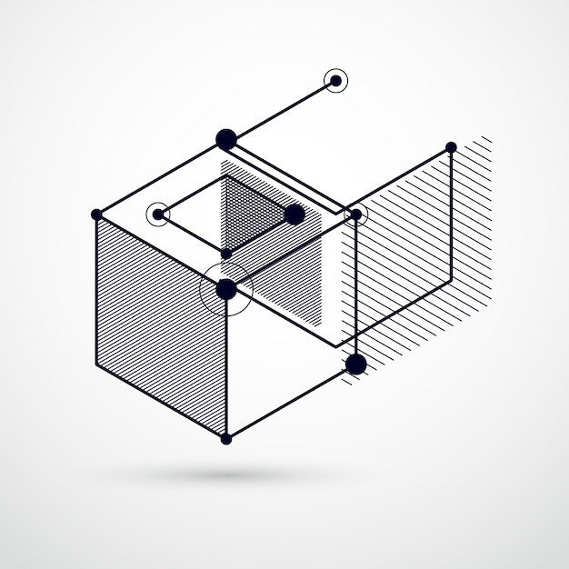 Abstract vector composition with simple geometric figures, symbols, art black and white background. Technical plan, abstract engineering draft for use in graphic and web design.
