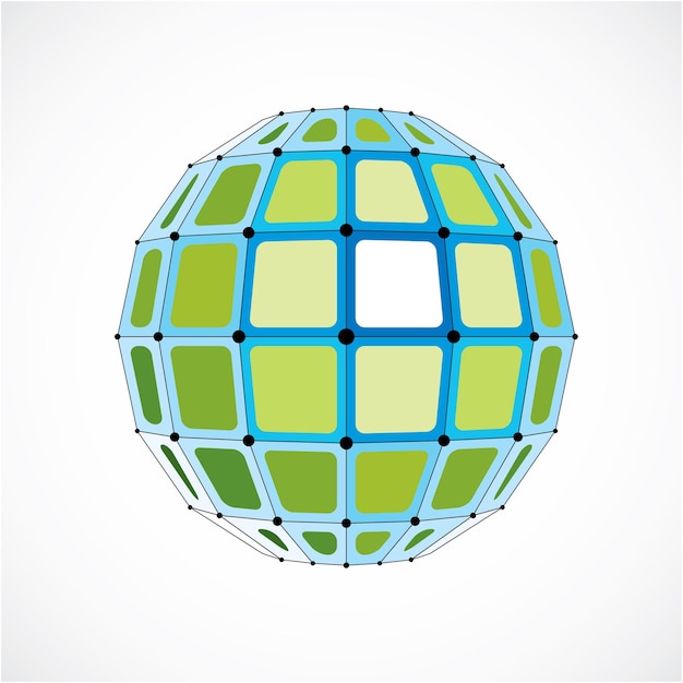 Abstract vector low poly object with black lines and dots connected. Green 3d futuristic globe with overlapping lines mesh and squares.