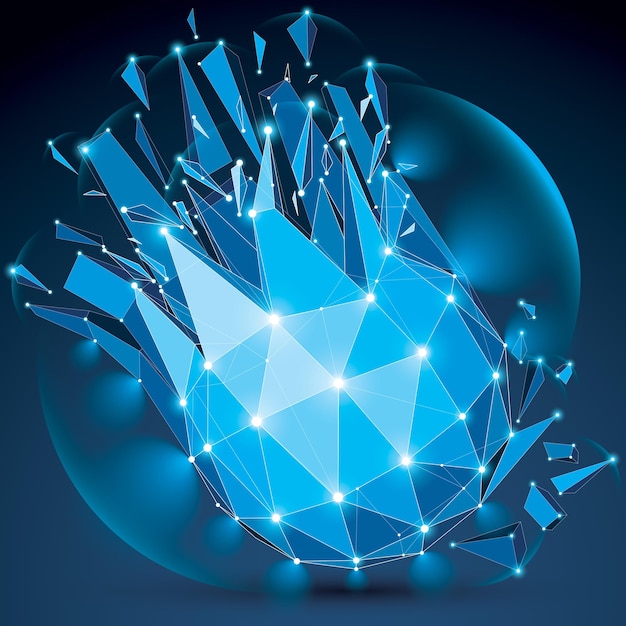 Abstract vector low poly wrecked object with white dotted lines connected. 3d origami broken blue futuristic form with lines mesh and fractures. Light effect and glow element.