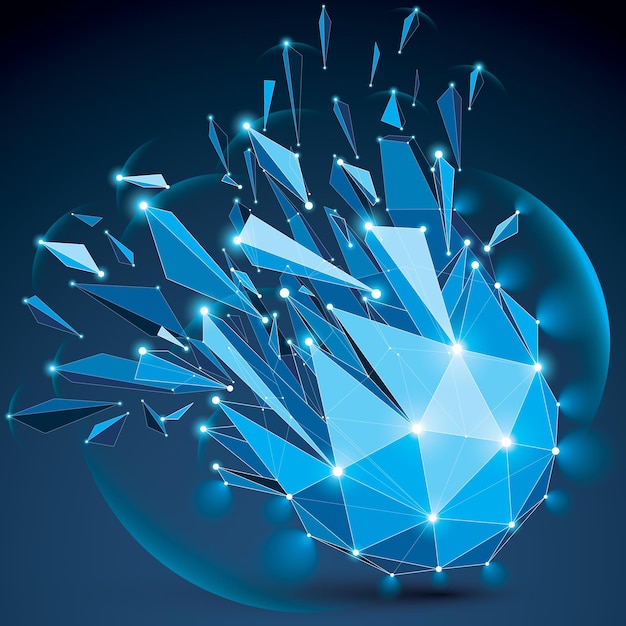 Abstract vector low poly wrecked object with white dotted lines connected. 3d origami broken blue futuristic form with lines mesh and fractures. Light effect and glow element.