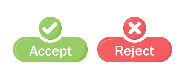 Accept and reject button icon with tick and cross symbol in green and red color stroke style