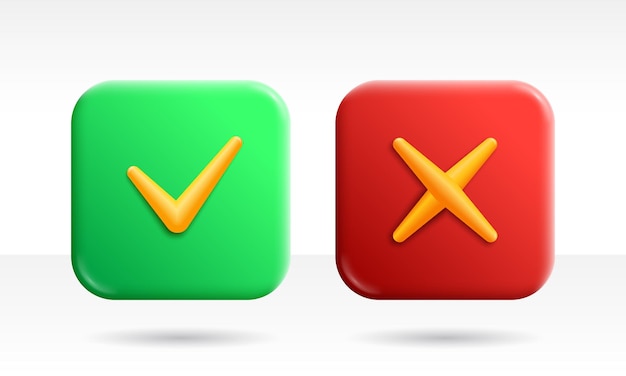 accept and reject vector 3d render buttons tick check and cross marks on green and red app icon backgrounds rounded rectangle shapes for web and mobile applications yes and no graphic symbols