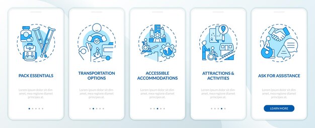 Accessible travel tips blue onboarding mobile app screen