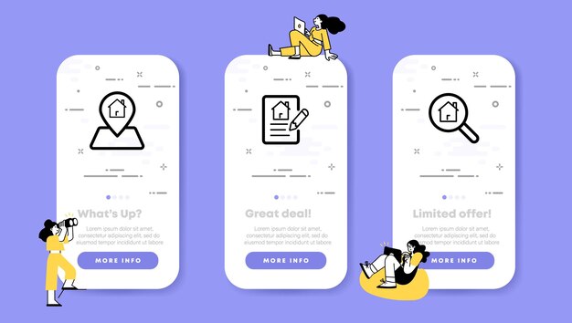 Accommodation search set icon Magnifier location map house contract agreement Business concept UI phone app screens with people Vector line icon for Business and Advertising