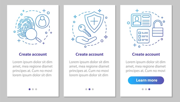 Account creation onboarding mobile app page screen with linear concepts. New user registration. Sign up. Authorization. Steps graphic instructions. UX, UI, GUI vector template with illustrations
