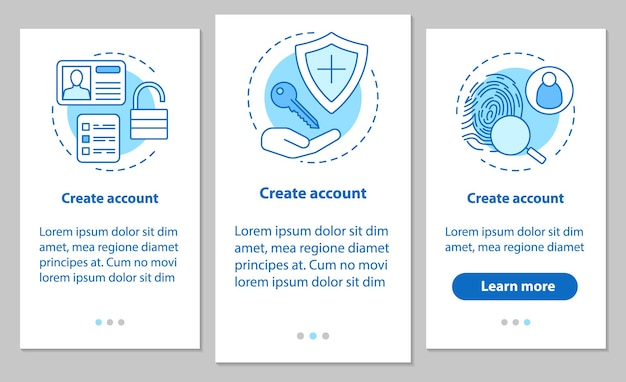 Account creation onboarding mobile app page screen with linear concepts. New user registration. Sign up. Authorization. Steps graphic instructions. UX, UI, GUI vector template with illustrations
