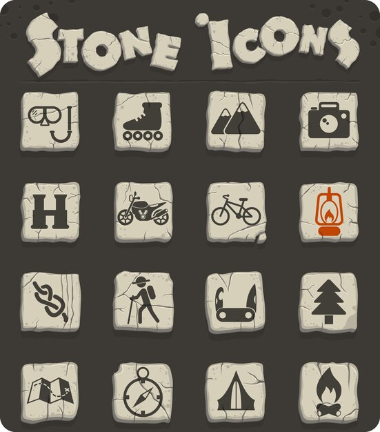 active recreation vector icons on stone blocks in the stone age styfor web and user interface design