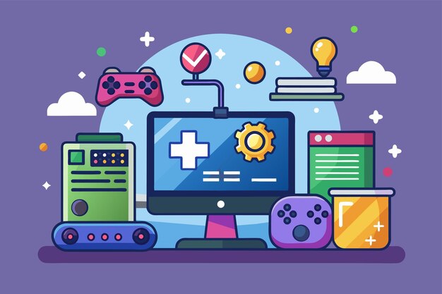 Active video game displayed on computer screen Game development game programming technology Simple and minimalist flat Vector Illustration
