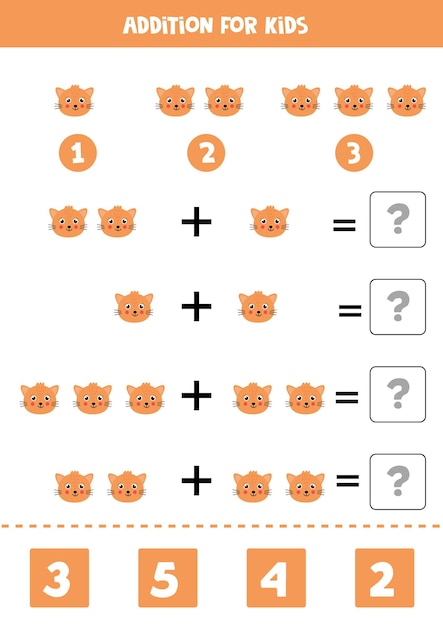 Addition game with cute cartoon cat face. Math game for kids.