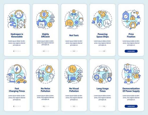 Advantages of hydrogen onboarding mobile app screen set