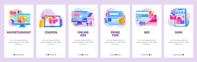 advertising website and mobile app onboarding screens vector template
