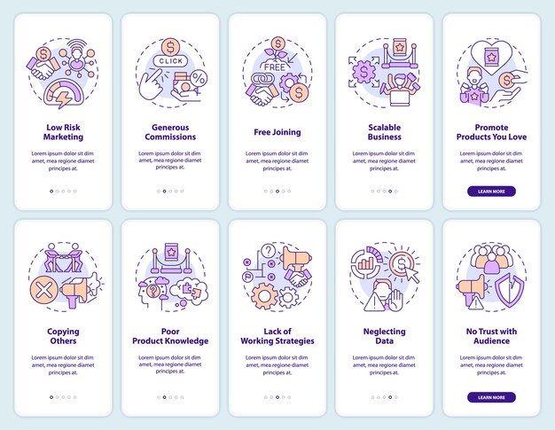 affiliate marketer cons and pros onboarding mobile app screens set
