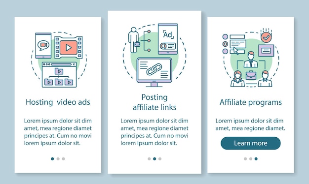 affiliate marketing onboarding mobile app page screen with linear concepts. affiliate advertising walkthrough steps graphic instructions. ux, ui, gui vector template with illustrations