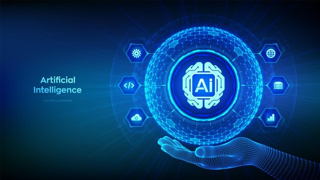 AI Artificial Intelligence Digital brain Machine Learning Concept Neural networks Big data analysis 3D sphere with hexagonal surface and digital brain icon in wireframe hand Vector illustration