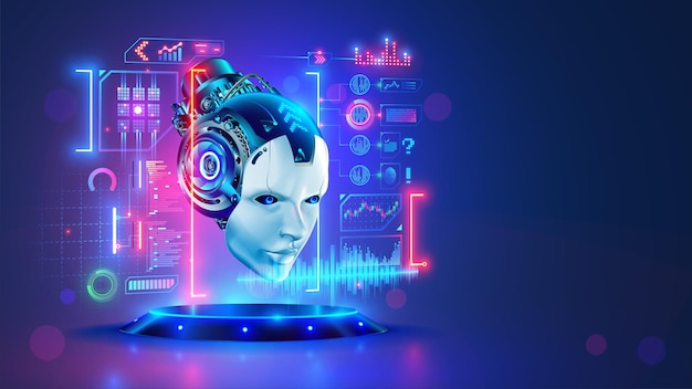 AI Artificial intelligence Head robot hanging over podium and look at virtual dashboard Supercomputer in image futuristic cyborg head Machine learning technology neural networks