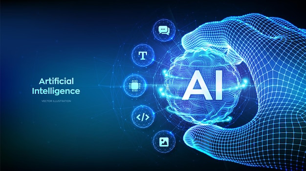 AI Artificial Intelligence in the shape of sphere grid wave in wireframe hand AI virtual technology Machine Learning Concept Big data innovation technology Neural networks Vector illustration