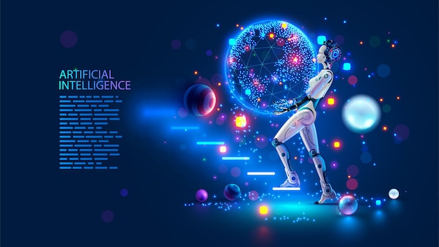 ai artificial intelligence learning artificial neural networks analysis big data artificial intelligence in form of robot lifts earth by hand on ladder ai it drives progress ai learning big data