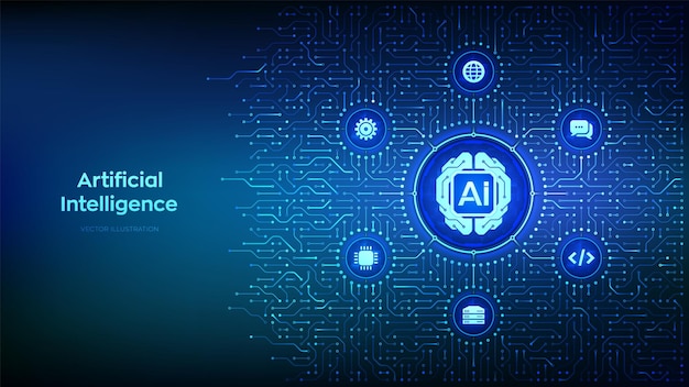 AI Artificial Intelligence technology Digital brain Neural network Machine learning Deep learning Big data analysis Background with circuit board connections and tech icons Vector Illustration