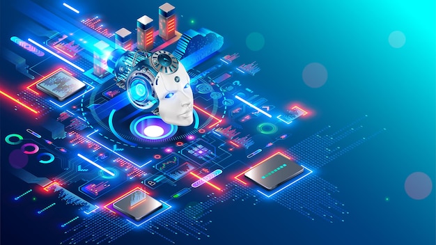 AI Artificial intelligence technology isometric concept Cybernetic brain communication with network and analyze data Machine learning of AI Robot or cyborg head images mind artificial intelligence