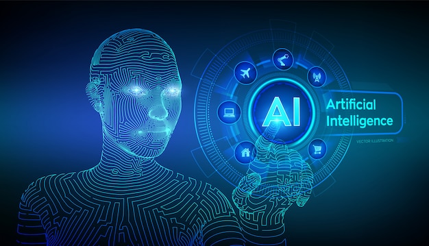 AI. Artificial intelligence. Wireframed female cyborg hand touching digital graph interface.