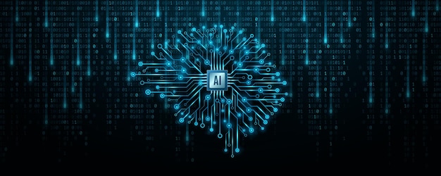 AI brain with CPU microchip and glowing circuit board Futuristic flowing binary code into cyberspace Artificial intelligence with processor analyzes big data Vector illustration
