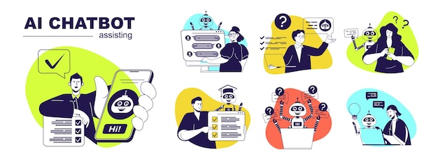 AI chatbot assisting concept set for web design Collection with people chatting with artificial intelligence advisers searching online and getting answers interacting with bot Vector illustration