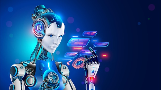 AI chatbot in image robot or cyborg holding in hand message bubbles Online AI chat bot talk through messenger with user Technical support bot internet assistance with artificial intelligence or AI