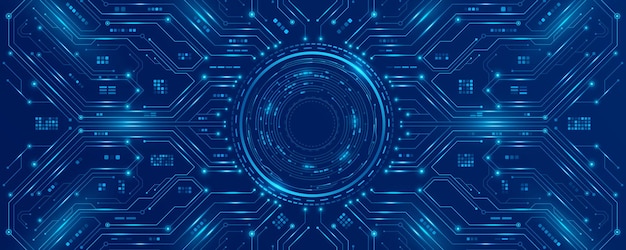 AI circuit board with glowing electronics elements and digital HUD circle on blue backdrop UI and GUI design Futuristic high tech panel of connected lines Scientific Technology background Vector