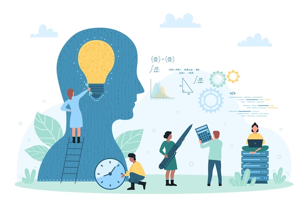 AI futuristic technology machine learning tiny people repair light bulb in brain