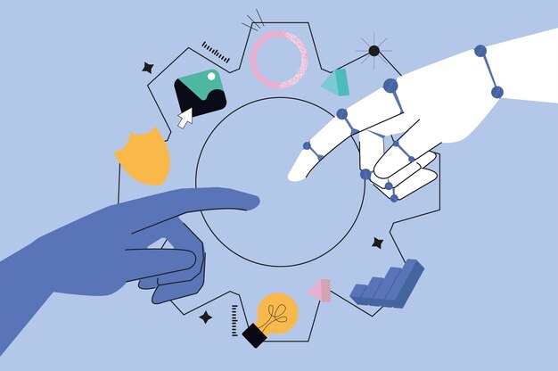 AI hands concept in the flat cartoon style The connection of a human hand and a robot hand