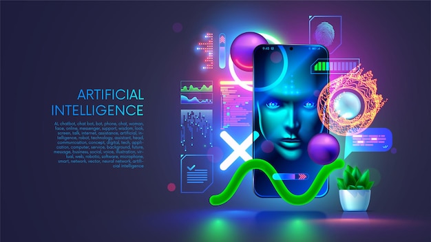 AI in image wise face on screen hanging phone with artifical intelligence Innovation computer technology of artificial neural networks Intelligence chatbot of mobile phone Robot head analyse data