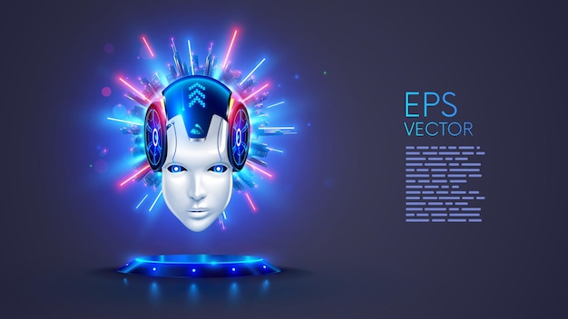 AI or AGI in the form of robot or cyborg head hanging over a podium in neon rays and a megacity behind in cyberspace Technologies of AI AGI and neural networks Wise face of artificial intelligence