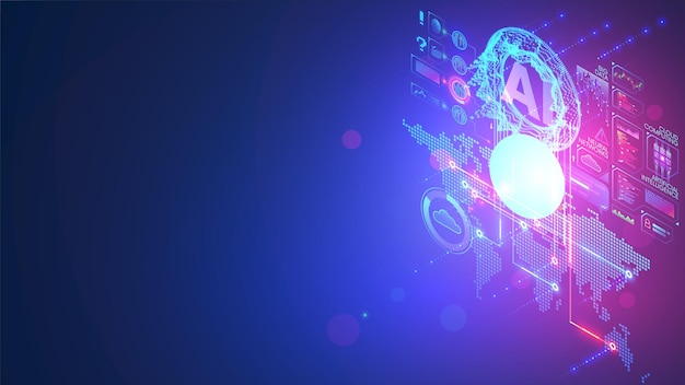 AI or artificial intelligence analyzing flow of data in social networks Innovation technology Digital analytics of big data in internet Cloud computing machine learning for process information