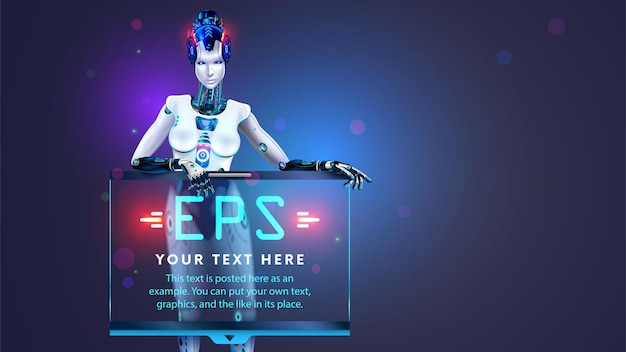 AI or artificial intelligence in the form of a humanoid female robot holds an empty poster or screen template in its hands Vector AI bot presents business report Robot Speaker presentation about AI