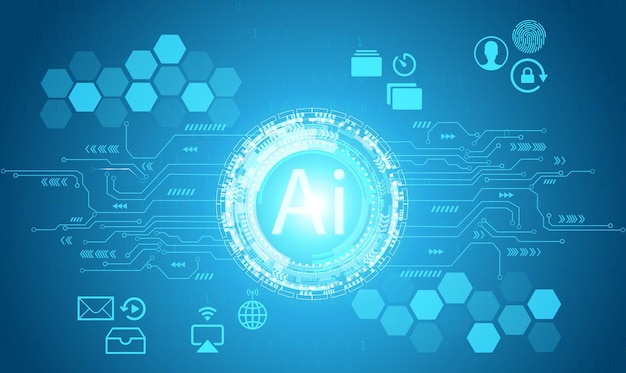 Ai robot of binary coding processing over blue background with circurit board and circle techVector illustration