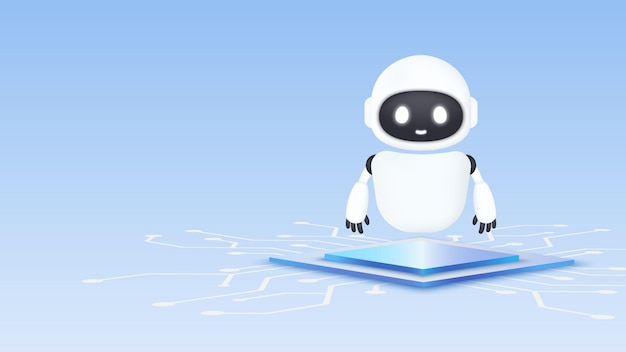 AI robot on chip processor and a circuit board Concept of AI technology and machine learning Talking bot with human Intelligent assistant robot Trendy and modern vector in 3d style