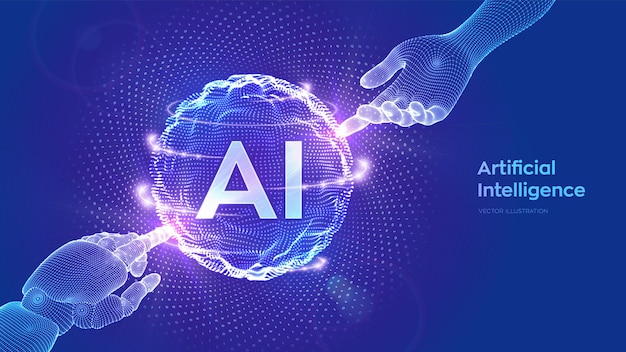 AI Trí tuệ nhân tạo Bàn tay Robot và Con người chạm vào lưới cầu với mã nhị phân Khái niệm công nghệ Trí tuệ nhân tạo và Học máy Mạng nơ-ron Minh họa Vector