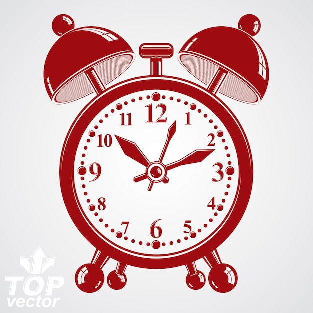 Alarm clock vector 3d illustration, wake up conceptual icon. Graphic dimensional clock with clang bells isolated on white background. Waiter ringing symbol.