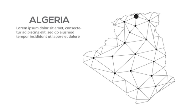 Algeria communication network map Vector image of a low poly global map with city lights Map in the form of lines and dots