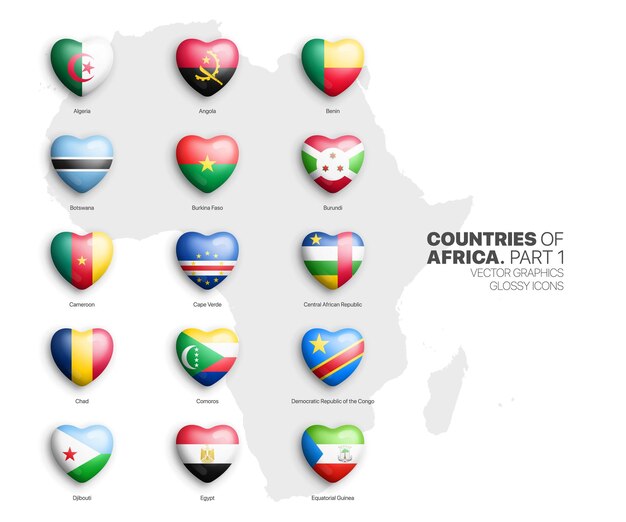 all african countries flags vector d heart glossy icons set isolate on white