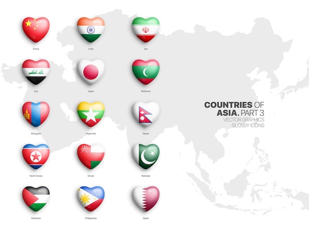 all asian countries flags vector d heart glossy icons set isolate on white