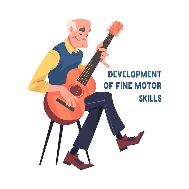 alzheimer prevention with elderly man playing guitar developing fine motor skills vector illustration