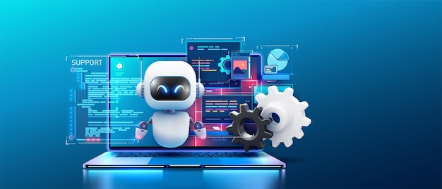 An engaging image of a robot AI assistant offering support depicted with floating gears and a hightech laptop interface Bot with digital tablet near gears and messages Vector illustration