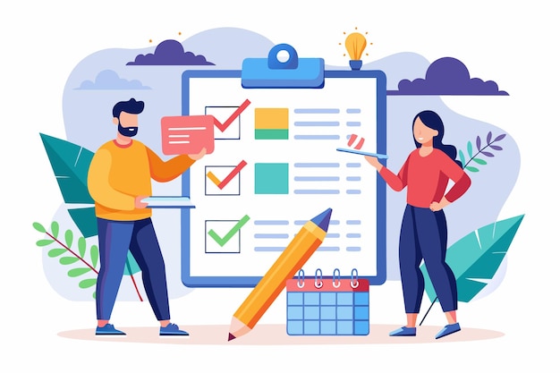 An illustration of two people working together on a checklist They are both looking at the checklist which has checkmarks on it and a pencil is lying on the ground next to it