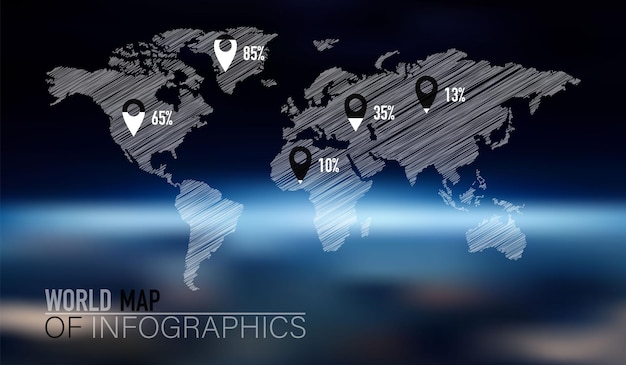 An infographic map of the world with percentage markers on the background of a blurred planet Earth