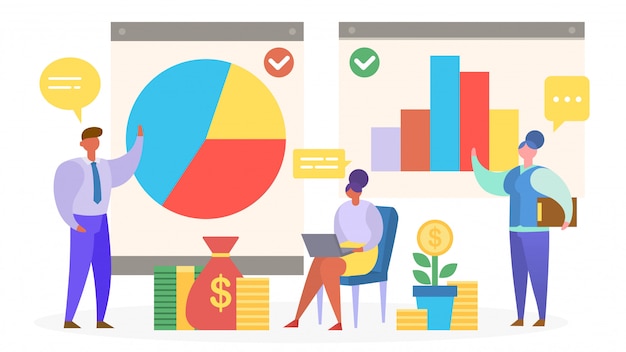 analysis of reporting statistics, people are standing by graphs,   illustration.