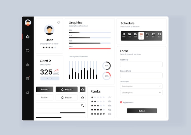 analytics dashboard user interface with diverse data visualization Analytics dashboard user interface that includes a variety of charts and tables for efficient data management and monitoring