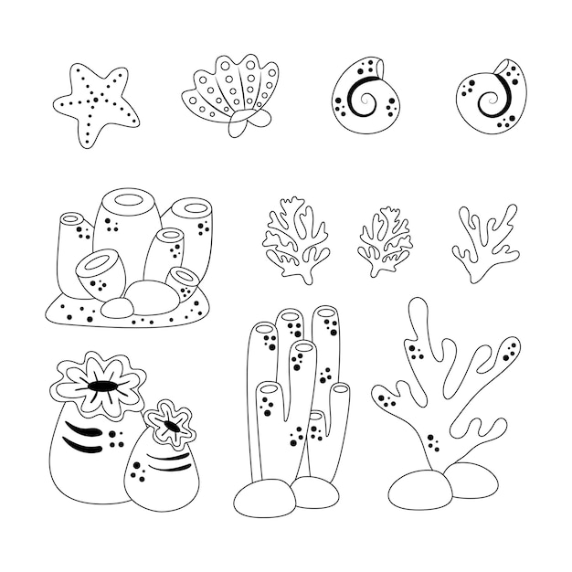 anemone and algae set in a simple linear style color set in cartoon style black and white image